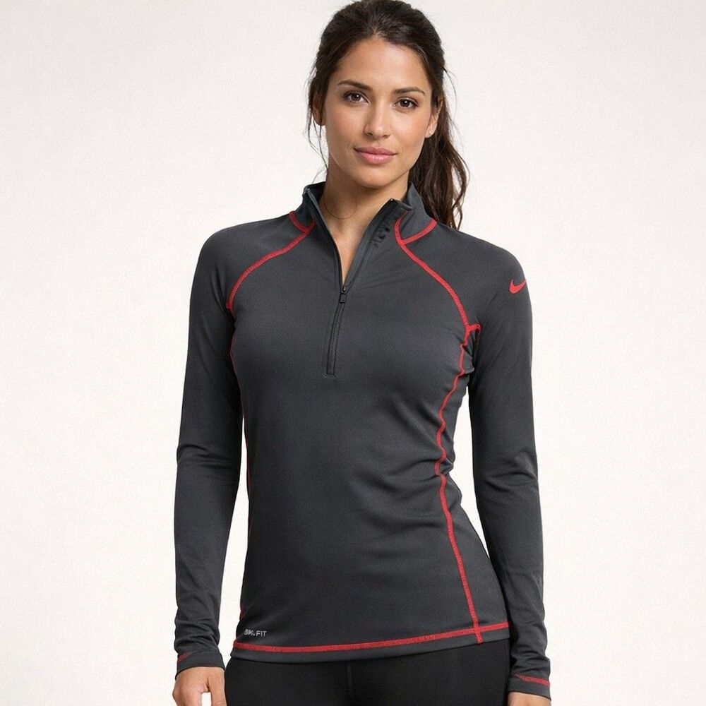 Nike Pro Dri-Fit 1/4 Zip Pullover Womens Large Gray Red Compression Top L
